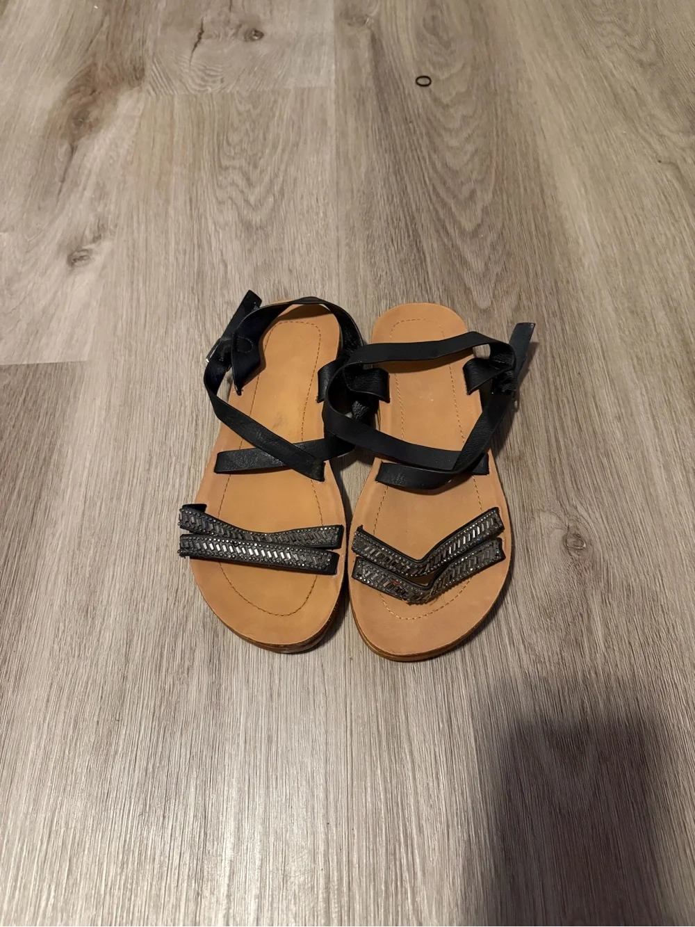 Women's Black Strappy Sandals with Tan Footbed